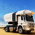 Red Modern Truck With Roof Lights Driving On Desert Landscape Under Blue Sky