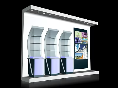 Modern Display Wall Featuring White Background Curved Glass Shelves Purple Lighting And Image Panel 3d model