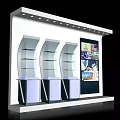 Modern Display Wall Featuring White Background Curved Glass Shelves Purple Lighting And Image Panel