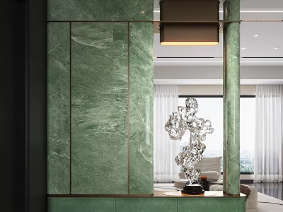Modern Entryway Interior Design With Green Marble Walls Artistic Sculpture And Pendant Lamp 3d model