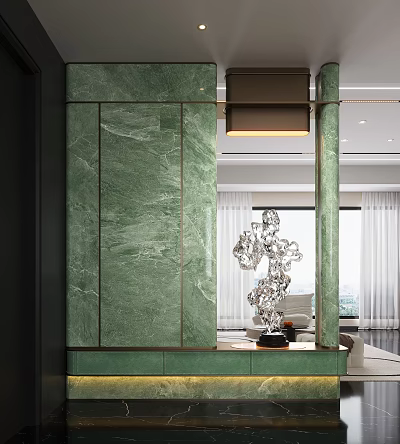 Modern Entryway Interior Design With Green Marble Walls Artistic Sculpture And Pendant Lamp 3d model