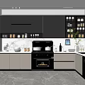 Modern Kitchen Interior Featuring Gray White Cabinets Marble Countertop Smart Screen And Green Plants