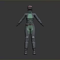 Woman in futuristic sci-fi costume with helmet green top and gray pants