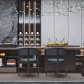Modern Restaurant Interior With Dark Stone Wall Hanging Lights Bar Counter Blue Chairs And Green Plants