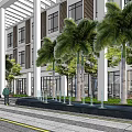 Modern Hotel Building with Palm Trees Water Fountain Glass Facade and White Pergola Landscaping