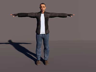 Man With Outstretched Arms Wearing Black Jacket White T-shirt Blue Jeans In Gray Background 3d model