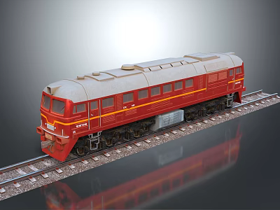 Red Diesel Train With Yellow Stripe On Railway Track And Side Windows 3d model
