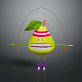 Smiling Cartoon Pear Game Character With Red White Striped Hat Green Leaf And Skipping Rope 3d model