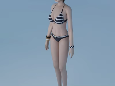 Woman Standing In Black And White Striped Bikini With Bracelets And Belt 3d model