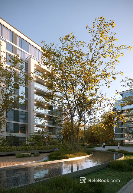 Modern High Rise Residential Building Landscape With Glass Curtain Walls And Autumn Trees Under Sunlight 3d model 