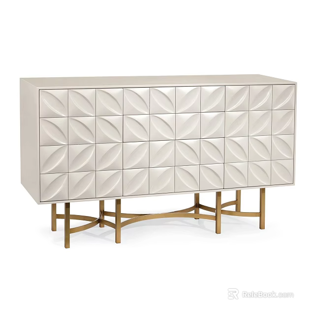 Elegant Modern Entryway Console Cabinet With Beige Geometric Doors And Golden Legs 3d model 