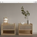 Natural Wooden Bedside Tables With Woven Drawers Table Lamp Books And Plant Vase