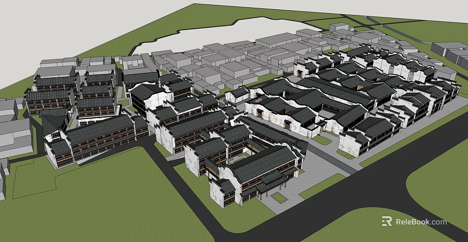 Traditional Chinese Architecture Complex With Neatly Arranged Black White Roofs And Streets 3d model 