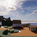 Park Landscape With Chinese Style Pavilions Waterfront Blue Sky And White Clouds