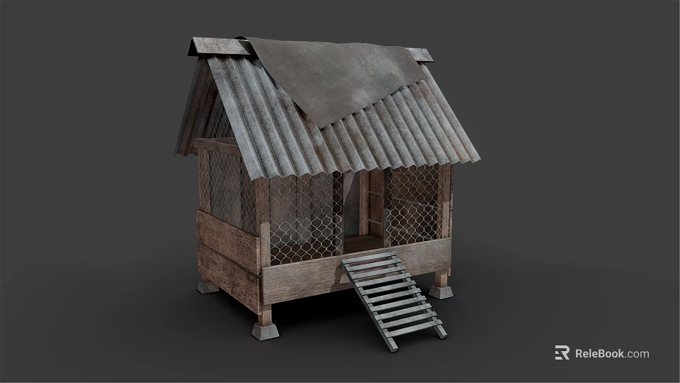Simple Rustic Wooden Hut With Worn Corrugated Iron Roof And Wooden Staircase 3d model 