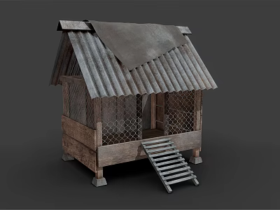 Simple Rustic Wooden Hut With Worn Corrugated Iron Roof And Wooden Staircase 3d model