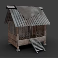 Simple Rustic Wooden Hut With Worn Corrugated Iron Roof And Wooden Staircase