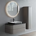 Modern Bathroom Sink With White Basin Circular Lighted Mirror Black Countertop And Cabinet