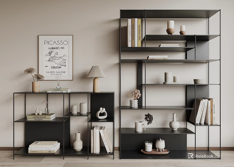 Modern Black Multi Tiered Shelving Unit With Books Vases And Decorative Items 3d model 