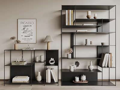 Modern Black Multi Tiered Shelving Unit With Books Vases And Decorative Items 3d model