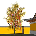 Chinese Arbor With Yellow Leaves And Red Pink Ribbons By Yellow Wall And Traditional Roof