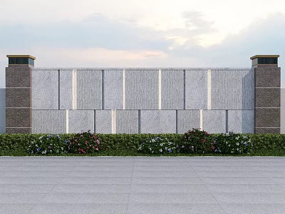 Modern Garden Feature Wall With Stone Panels Pillars And Flower Bushes 3d model