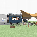 Container Building With Terrace Stairs RV Outdoor Furniture And Canopy On Grassland
