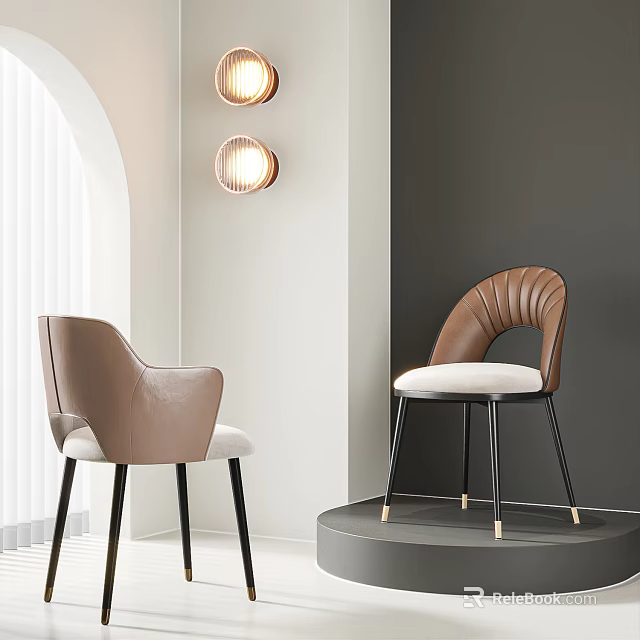Elegant Modern Dining Chairs With Scalloped Brown Leather Backrest And Black Metal Legs 3d model 