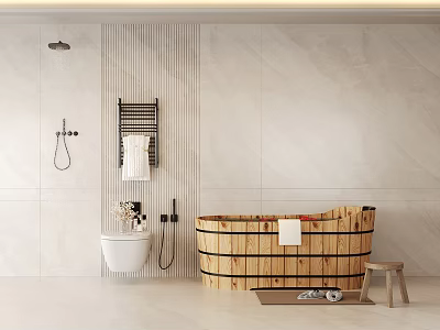 Modern Bathroom Set With Wooden Barrel Bathtub Shower Toilet And Towel Rack 3d model