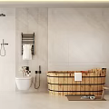 Modern Bathroom Set With Wooden Barrel Bathtub Shower Toilet And Towel Rack