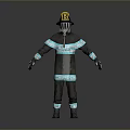 Man in Firefighter Uniform With Yellow Helmet Blue Stripes Gloves And Boots