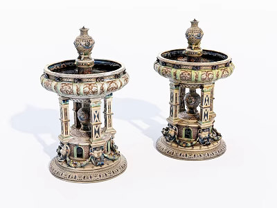 Two Decorative Vessels With Intricate Carvings Detailed Patterns And Gold Accents 3d model