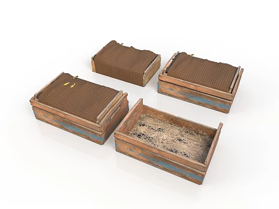 Brown Wooden Storage Boxes With Mesh Lids And Blue Edges Open And Closed 3d model