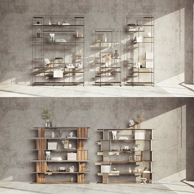Modern Open Multi Tier Metal And Wooden Shelving Units For Decorative Storage 3d model 