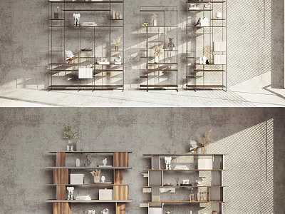 Modern Open Multi Tier Metal And Wooden Shelving Units For Decorative Storage 3d model