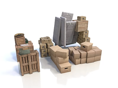 Packed Household Items In Various Sizes Of Cardboard Boxes And Wooden Crates 3d model