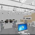 Modern Office Interior With KTEC Logo White Partitions Desks Computers Ceiling Lights And Windows 3d model