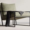 Modern Accent Chair with Black Metal Frame Light Gray Fabric Cushion and Dark Blanket