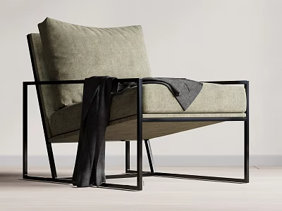 Modern Accent Chair with Black Metal Frame Light Gray Fabric Cushion and Dark Blanket 3d model