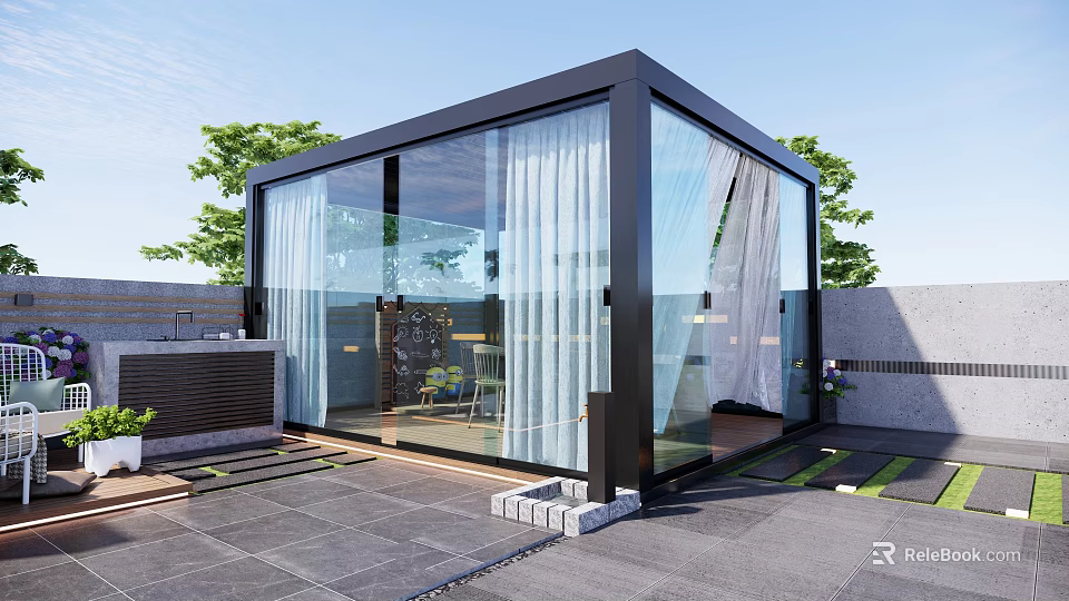 Garden Landscape With Modern Glass House Sliding Doors And Green Plants 3d model 