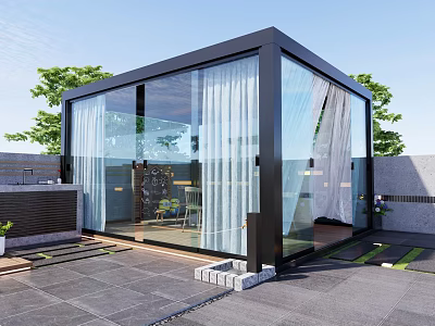 Garden Landscape With Modern Glass House Sliding Doors And Green Plants 3d model