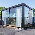 Garden Landscape With Modern Glass House Sliding Doors And Green Plants