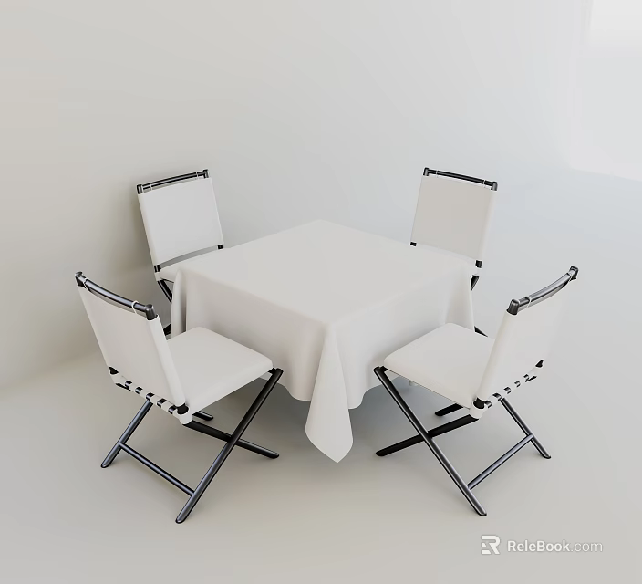 Four White Leisure Chairs With Black Frames Around White Tablecloth Covered Table 3d model