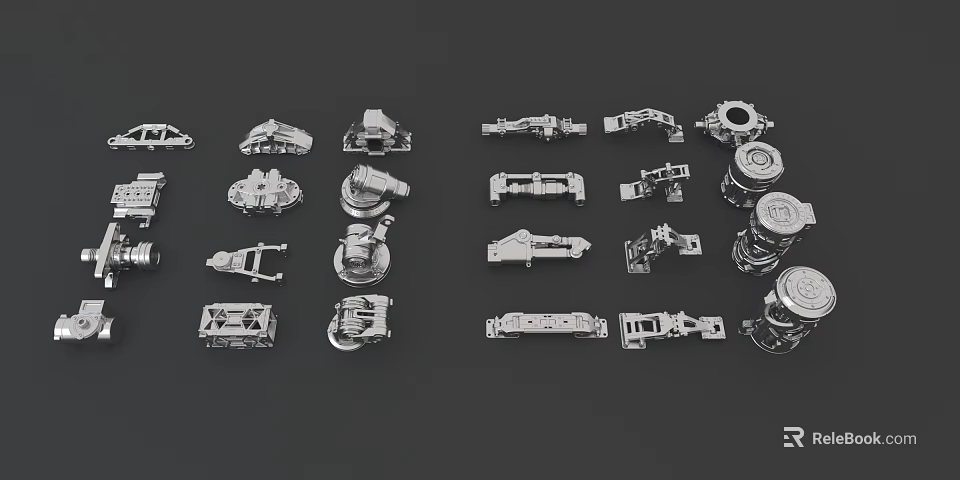 Assorted Metal Mechanical Parts Various Types Displayed On Black Background Surface 3d model