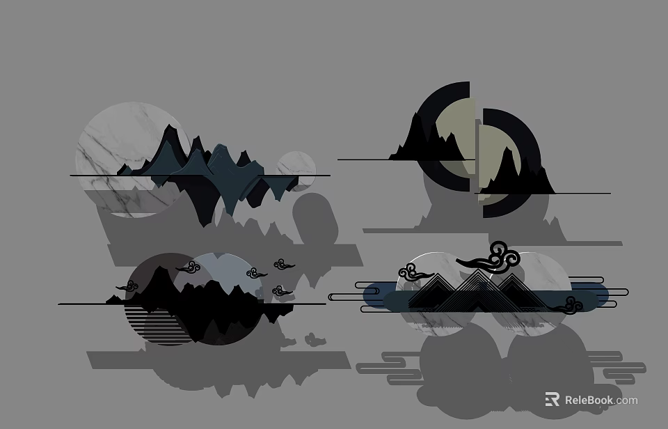 Chinese Style Wall Decor with Mountain Moon Clouds and Birds Design 3d model