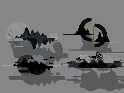 Chinese Style Wall Decor with Mountain Moon Clouds and Birds Design 3d model