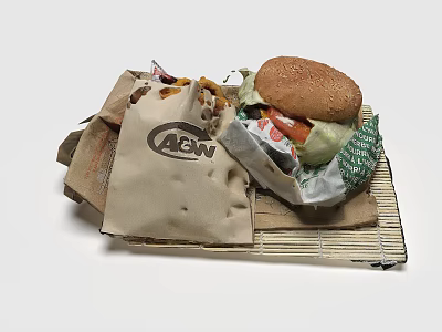 Delicious Hamburger With French Fries In ACW Paper Bag And Wrapper On Bamboo Tray 3d model