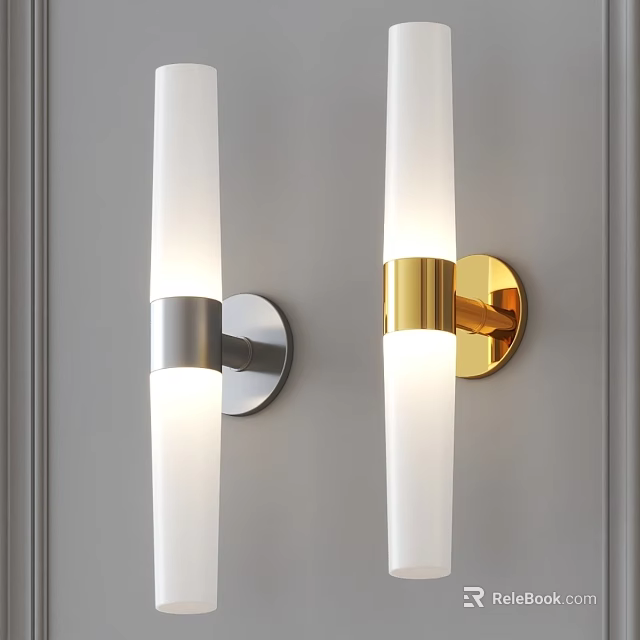 Two Modern Wall Lights With Silver Gold Bases And White Frosted Glass Shades 3d model 