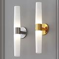 Two Modern Wall Lights With Silver Gold Bases And White Frosted Glass Shades