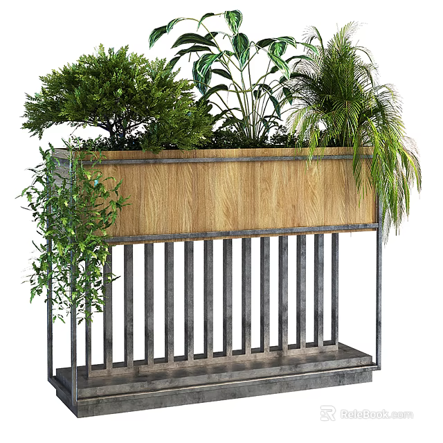 Potted Bonsai Plants on Long Rectangular Wooden Metal Stand with Various Green Foliage 3d model 